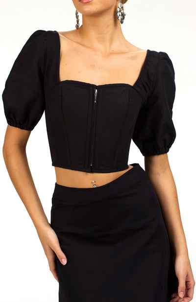 Black Linen Cropped Corset Top